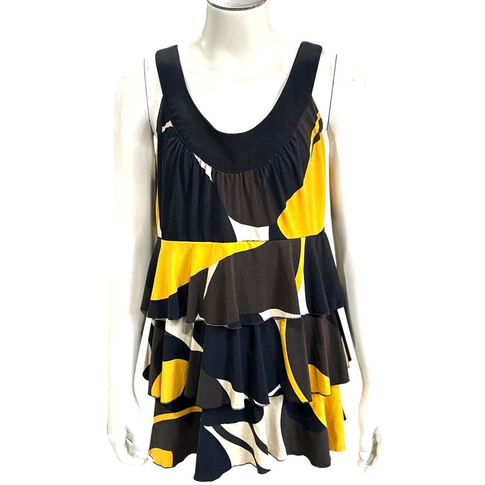 Cato Medium Black Yellow Abstract Tiered Ruffle Mini Dress Retro Mod Chic Resort